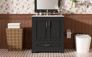 English Elm 30" Freestanding Bathroom Vanity Matte Black Solid Wood Ceramic Sink Soft Close N729P321376B