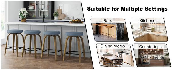 English Elm Swivel Backless Counter Stools Set of 2 with Fabric Seat Bentwood Legs Mid-century Modern Blue W3107P446977