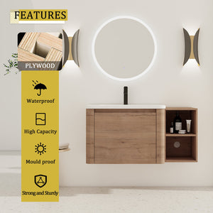 English Elm 40'' Wall-Mounted Vanity with White Ceramic Sink, Plywood Shelves, Soft-Close Door, Scratch-Resistant Finish W999S00380