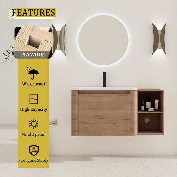 English Elm 40'' Wall-Mounted Vanity with White Ceramic Sink, Plywood Shelves, Soft-Close Door, Scratch-Resistant Finish W999S00380