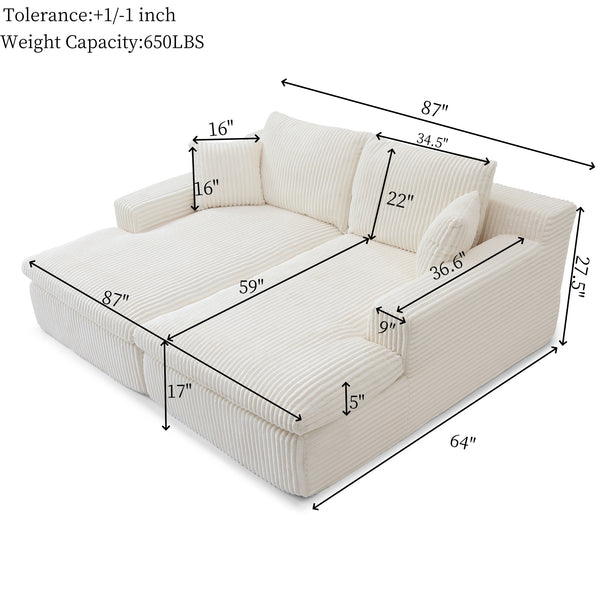 English Elm 87" Oversized Sectional Double Lounge Chaise Cloud Plush Sofa Bed No Assembly Modular Corduroy Comfortable Relaxing Sleeper for Indoor Spaces Beige W1117S00256