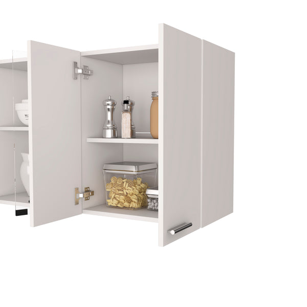 English Elm Yuma 150" White Wall Cabinet with Two Enclosed Cabinets, Glass-Covered Shelves & Built-In Dish Rack B128P148995