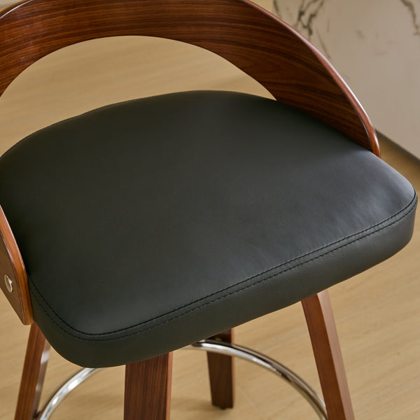 English Elm Bar Stools Set of 2 Mid-century Swivel Walnut Wood Frame with Cushioned Seat Black Pu W1143P173431