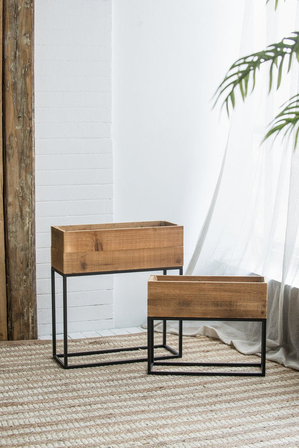 English Elm Set of 2 Rustic Wood Planter Boxes with Black Iron Stands for Farmhouse Decor W2078P496655