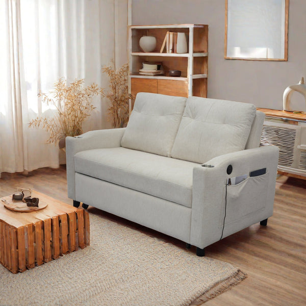 English Elm 1 Versatile Foldable Sofa Bed in Beige Velvet – 3-Length Convertible Pull-Out with USB, Storage, Swivel Phone Stand and Ashtray W1183S00014