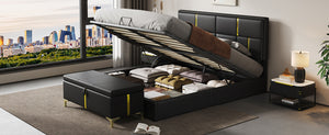 English Elm 2-pieces Queen Platform Bed Set Pu Upholstered Hydraulic Storage with Gold Accent Ottoman N733S362242B