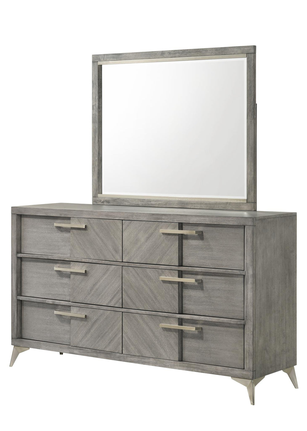 English Elm Gray Landscape Mirror — Transitional Solid Wood & MDF Dresser Mirror with Beveled Glass, Elegant Wall-Mount Design B2699P236782
