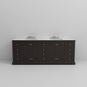 English Elm Espresso 84 in Double Bath Vanity with Carrara Marble Top, 14 Drawers, Soft-Close & Faucet Set B2731P258438