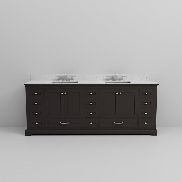 English Elm Espresso 84 in Double Bath Vanity with Carrara Marble Top, 14 Drawers, Soft-Close & Faucet Set B2731P258438