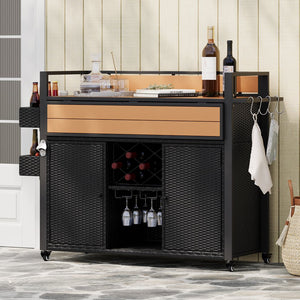 English Elm K&K Wicker Outdoor Grill Cart with Foldable Drop Leaf, Locking Wheels, Wine Rack & Ample Storage Black Brown N707P233747B