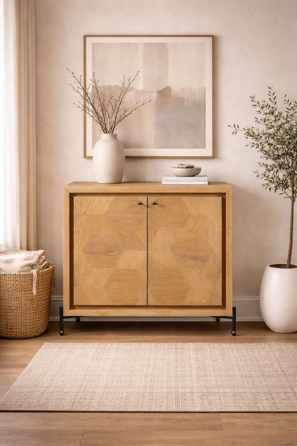 English Elm Hickory Veneer Two Door Storage Chest with Metal Legs and Geometric Wood Grain Pattern B2699P447495