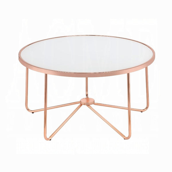 English Elm Rose Frosted Glass Top Coffee Table with Metallic Base 34" Round Modern Occasional Table for Living Room Stylish Centerpiece, Easy Assembly Rose Gold 39 L x 39 W x 5 H B2741P332647