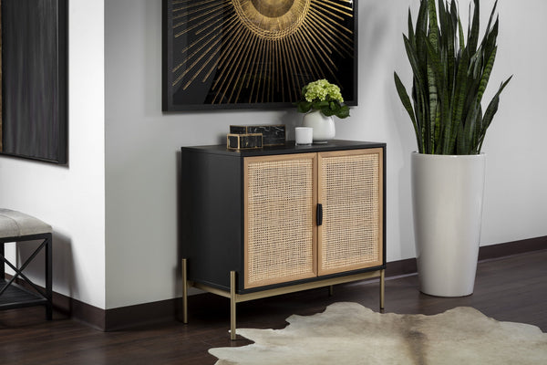 Sunpan Avida Artisan Sideboard: Handcrafted Rattan & Black Oak Design with Gold Accents for Stylish Storage Small - 37.5W x 18.75D x 32.5H