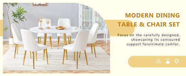 English Elm Table Set Extendable Round Oval Mdf White Gold Legs Six Pu Chairs Modern Dining W1151S03955