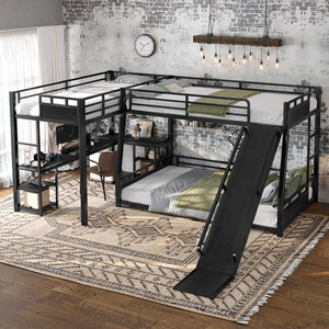 English Elm L-shaped Metal Triple Bunk Bed with Slide Desk Shelves Sleep Study Play Zone W1580S00280