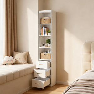 English Elm 15.75x85.04inch White Slim Tower Cabinet Four Shelves Three Drawers Bedroom Bath W5290P457931