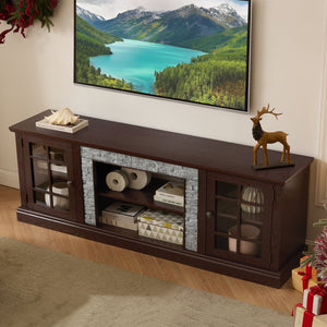 English Elm 70" Modern TV Stand with Faux Stone Top, Spacious 2-Door Media Console with Cable Management and Adjustable Shelves, Vintage Metal Handles, Durable MDF Construction for Living Room Entertainment (Fits up to 75") Cherry W2275P342689