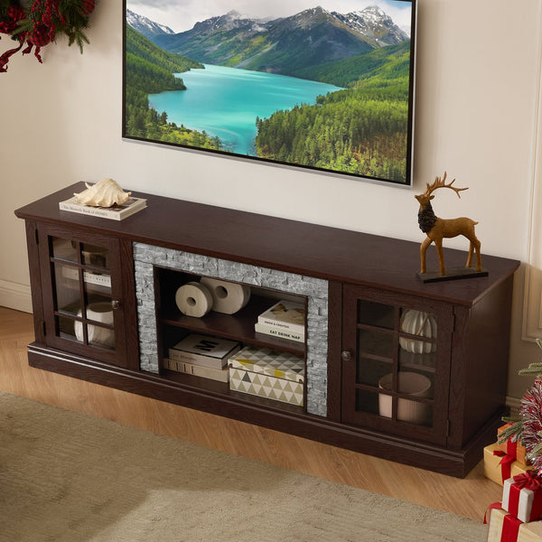 English Elm 70" Modern TV Stand with Faux Stone Top, Spacious 2-Door Media Console with Cable Management and Adjustable Shelves, Vintage Metal Handles, Durable MDF Construction for Living Room Entertainment (Fits up to 75") Cherry W2275P342689