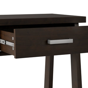 English Elm Sawhorse Handcrafted Bedside Table in Dark Chestnut Brown – Solid Wood, Drawer, Industrial Retro Design B136P159583