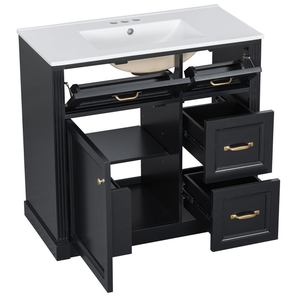 English Elm 36 Inch Bathroom Vanity With Sink & Soft-Close Drawers - Modern Black Cabinet For Smart Storage N725P336549B