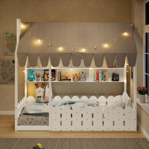 English Elm {slats Are Not Included} Twin Montessori House Floor Bed Kids Tent Lights Shelves Pinewood Frame White N708P407962K