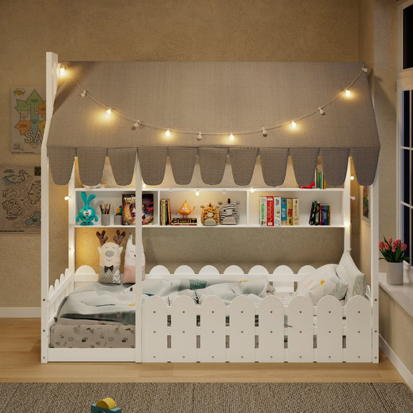 English Elm {slats Are Not Included} Twin Montessori House Floor Bed Kids Tent Lights Shelves Pinewood Frame White N708P407962K