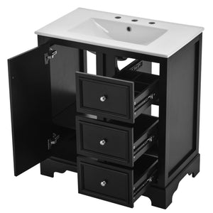 English Elm 30-inch bathroom vanity mirror cabinet set with ceramic sink, solid wood build, 3 drawers & shelves Black SV000028AAB
