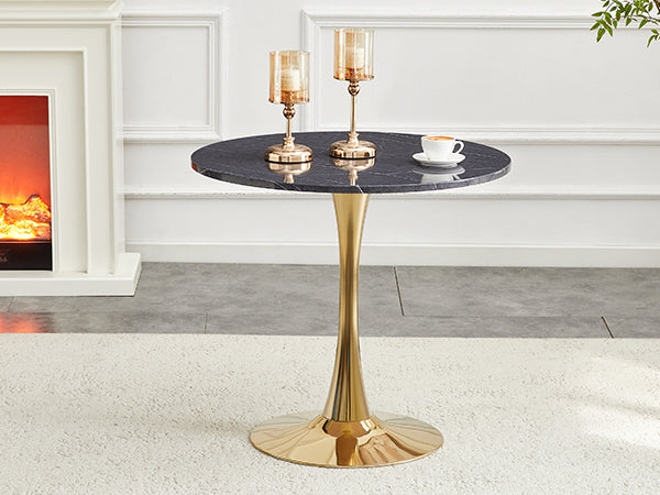 English Elm Round Faux Marble Tulip Pedestal Dining Table Mid Century Modern for Small Bistro Spaces Gold,Gray W2920P405351