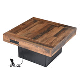 English Elm 31.4'' X 31.4'' Farmhouse Coffee Table With 2 Usb Ports and Outlets, Brown Spliced Wood Grain Center Table With Led Light, Rustic Cocktail Table With Charging Station For Living Room, Black