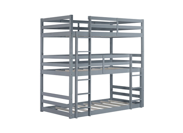 English Elm Triple Rubber Wood Bunk Bed with Built-In Ladders and Guardrails Maximizes Space for Families, Durable Design Grey W504S00174