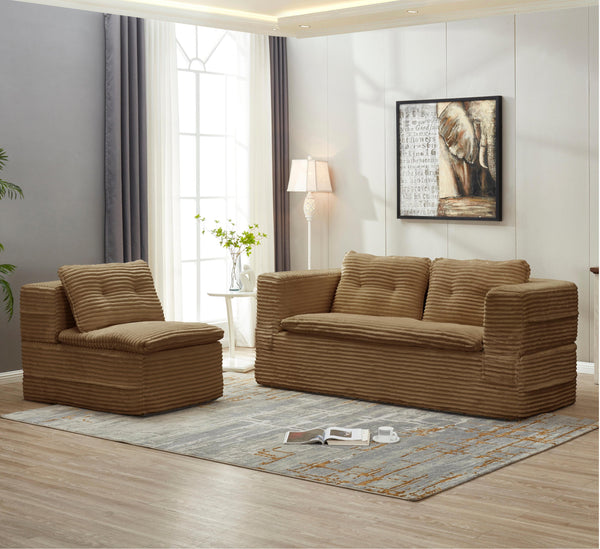 English Elm Multi Purpose Corduroy Sectional with Chaise Converts to King Floor Bed Deep Seat Camel W3219S00006
