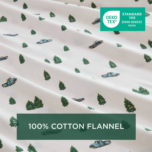 English Elm 4 Pcs King Sheet Set - Cozy Cotton Flannel With Green Trees & Trucks Design For Rustic Charm B035P319769