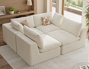 English Elm Modular L Shaped Sectional Sofa in Corduroy Fabric Seats Four with Accent Pillows W1955S00003