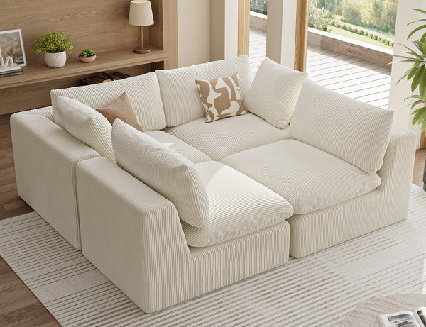 English Elm Modular L Shaped Sectional Sofa in Corduroy Fabric Seats Four with Accent Pillows W1955S00003