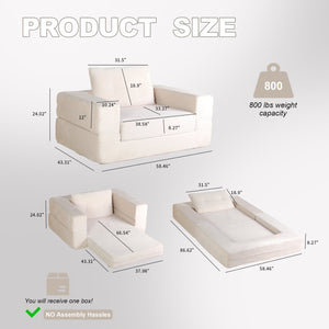 English Elm Compression Human Dog Sofa Bed 3-in-1 Folding Corduroy Floor Couch with Memory Foam Pillow for Living Room Beige W3723P376787