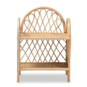 English Elm Modern Woven Rattan Two Tier Display Shelf with Curled Accents for Coastal Boho Decor B2750P470041