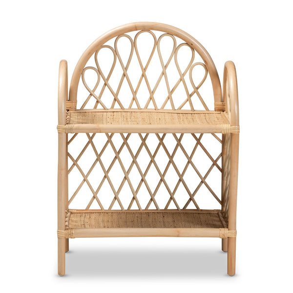 English Elm Modern Woven Rattan Two Tier Display Shelf with Curled Accents for Coastal Boho Decor B2750P470041