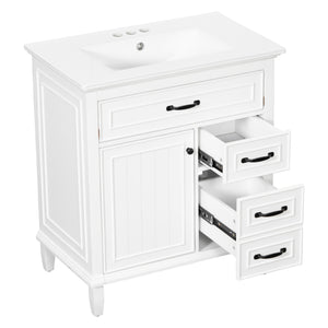 English Elm 30 Inch Freestanding Bathroom Vanity Solid Pine Cabinet Ceramic Sink Top Storage White N725P412782K