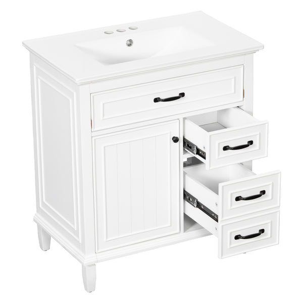 English Elm 30 Inch Freestanding Bathroom Vanity Solid Pine Cabinet Ceramic Sink Top Storage White N725P412782K