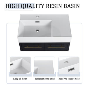 English Elm 30 Inch Wall-Mounted Bathroom Vanity Set With Left Basin Sink, Storage Rack & Modern Design W999S00368