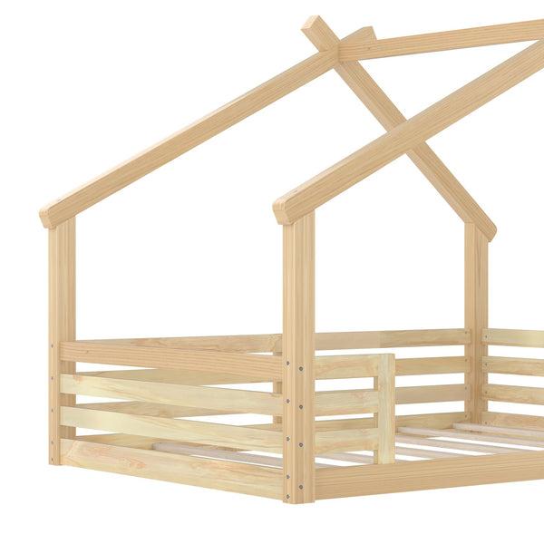 English Elm Full House Floor Bed with Roof Window and Shelf – Solid Pine Kids Loft-Style Low Bed, Durable Design Natural W1580P362703