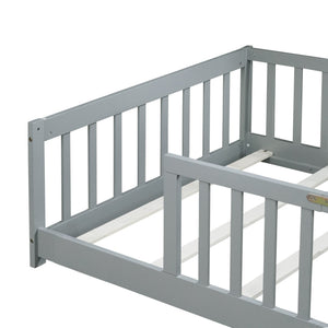 English Elm Twin Low Profile Rubberwood Floor Bed with Full Safety Fence for Toddler Rooms Grey W504P429333
