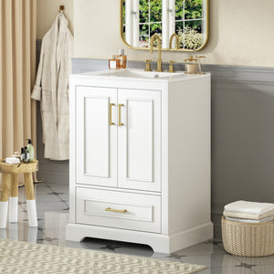 English Elm 24"Bathroom Modern Vanity with Ceramic Sink, Solid Wood Frame, Soft-Close Doors & Smart Storage System White N729P321378K