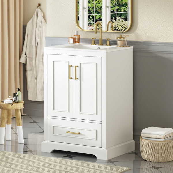 English Elm 24"Bathroom Modern Vanity with Ceramic Sink, Solid Wood Frame, Soft-Close Doors & Smart Storage System White N729P321378K
