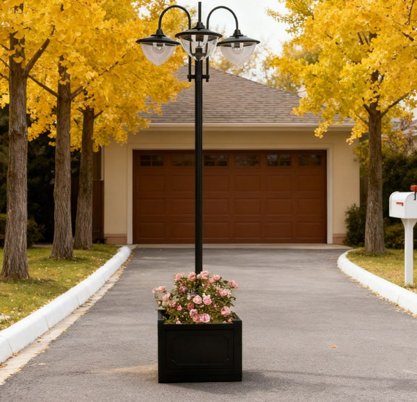 English Elm Solar Three Head Lamp Post with Built-in Planter Base for Pathway Driveway Patio T3971P420698