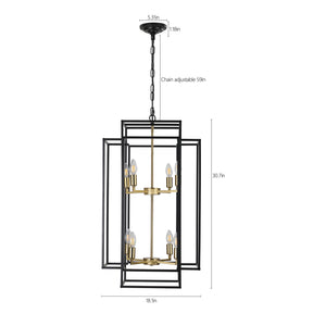 English Elm 18" Modern 8-Light Geometric Pendant Chandelier, Industrial Metal Frame, Adjustable 60" Drop, Stylish Lighting Black+Gold W2312P374788