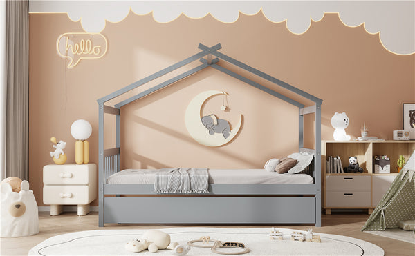 English Elm Twin House Bed Solid Pine Cottage Frame with Pull Out Trundle for Kids Bedroom Gray N708P309238E