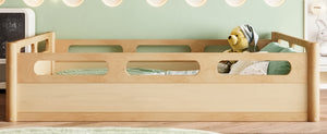 English Elm Twin Low Profile Floor Bed with Guardrails Pine Wood Frame Minimalist Bedroom Natural W1580P438793