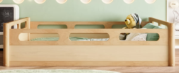 English Elm Twin Low Profile Floor Bed with Guardrails Pine Wood Frame Minimalist Bedroom Natural W1580P438793