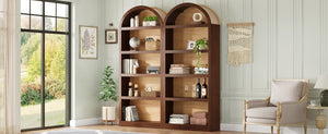 English Elm On-trend Farmhouse Two-tone Bookcase Set Arched Fabric Crown Open 5-tier Shelving Walnut N721P411205P